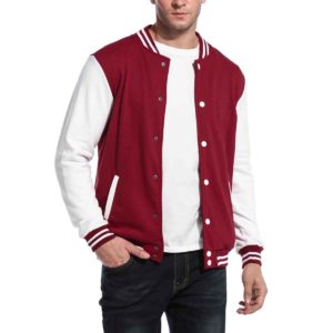 Men's Casual Slim Red Baseball Jacket Front Model Rendering