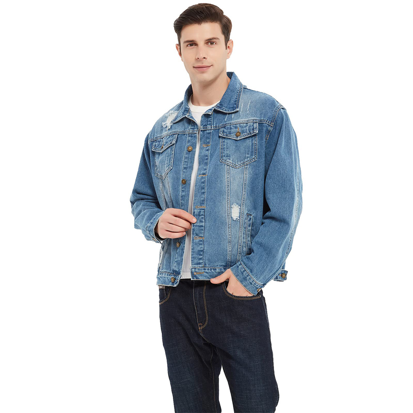 Men's Classic Ripped Denim Jacket Front View Image