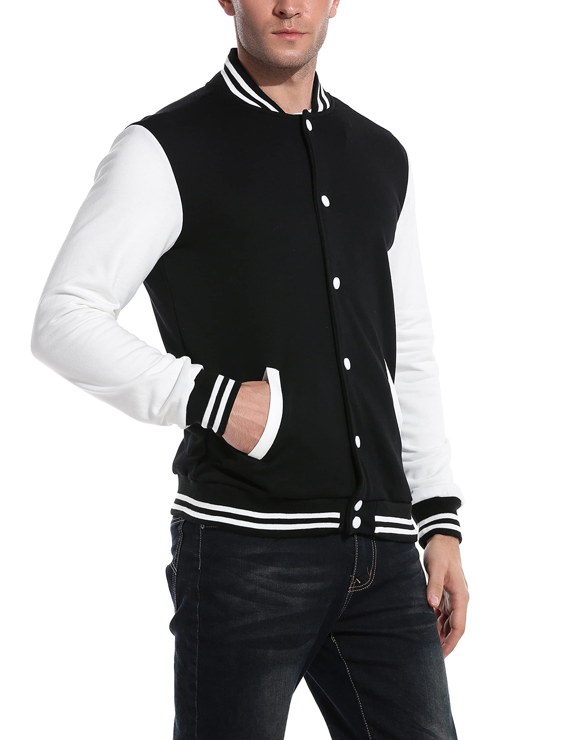 Men's casual slim baseball jacket model wearing renderings