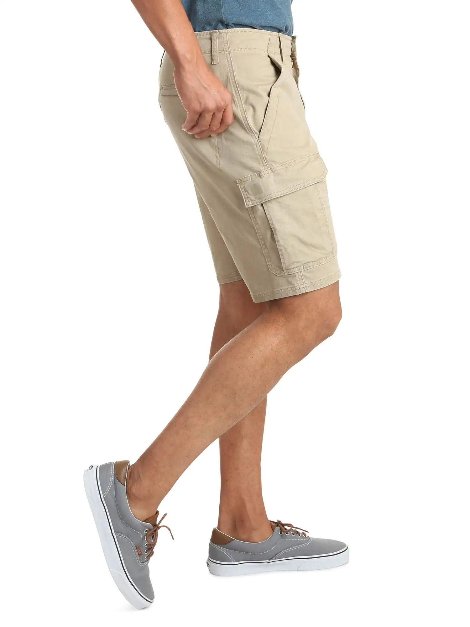 Men's khaki right side cargo shorts pocket renderings,