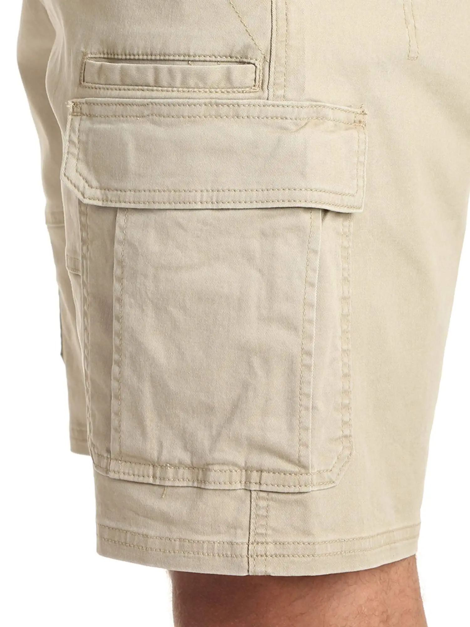 The details of the left shorts pocket of men’s khaki cargo pants