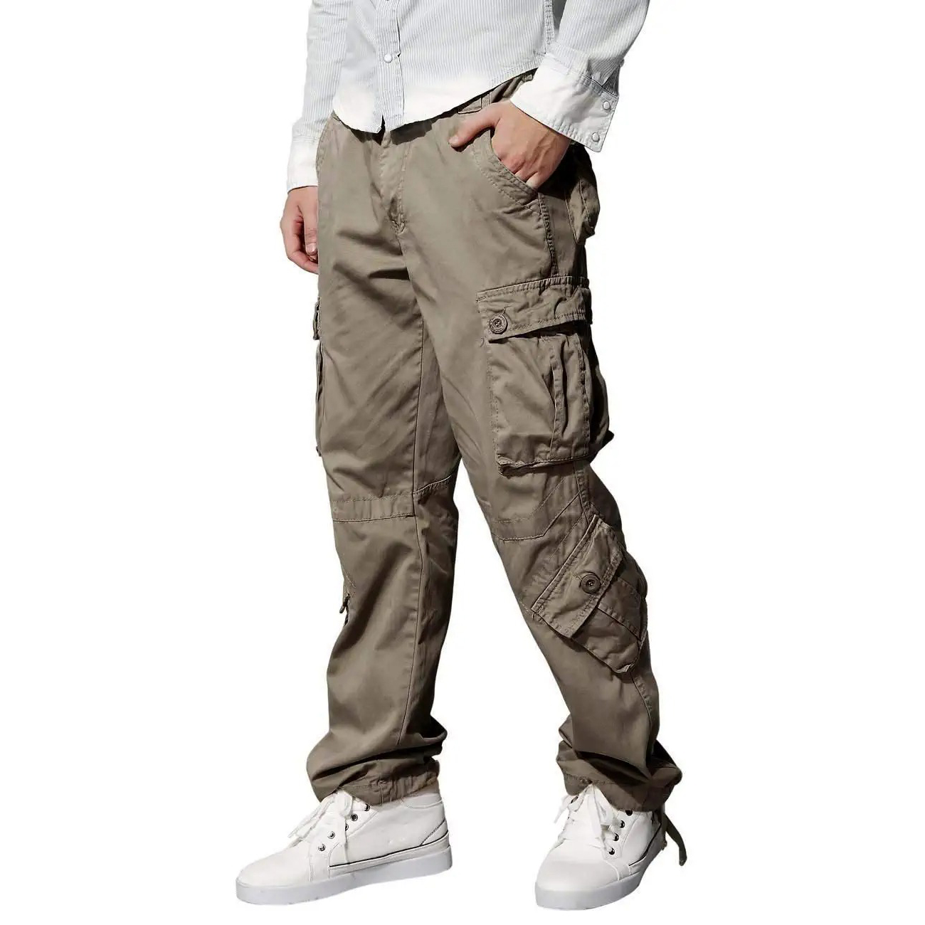 Display renderings of men's khaki multi-pocket overalls