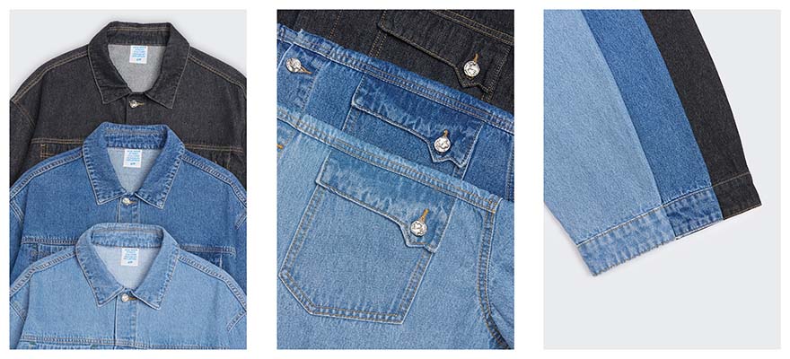 Distressed washed denim jacket collar, pockets, sleeve details