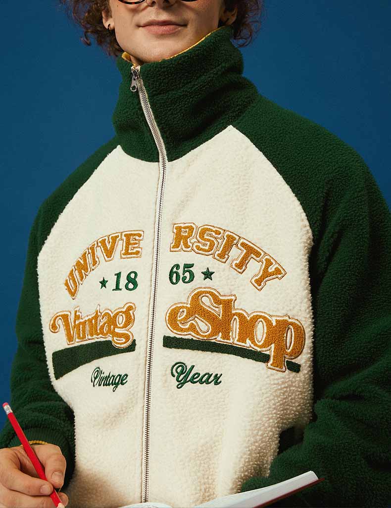 Towel embroidered varsity jacket on display